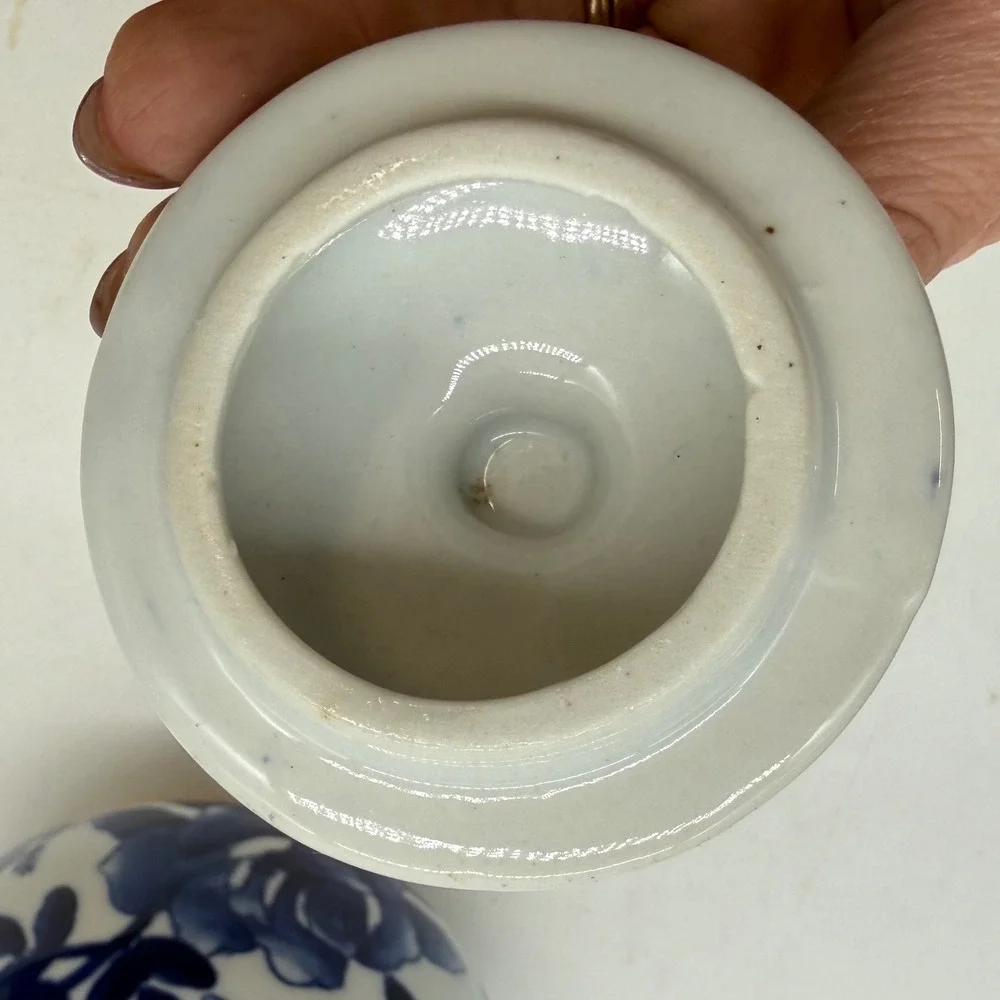 Vintage Blue and White Porcelain Ginger Jar Lidded Rose Butterfly Chinoiserie
